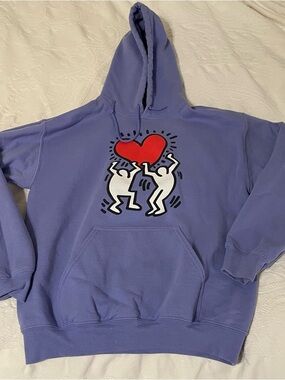 Keith Haring Lavender Dancing Heart Graphic Print Hoodie Size M